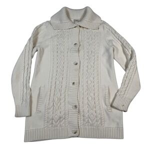 LL Bean Women M Cream Cable Knit Cardigan Sweater Shawl Collar Fisherman Preppy